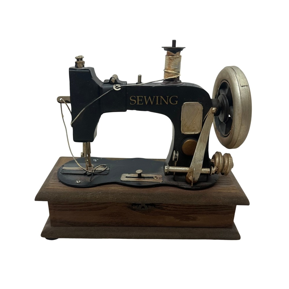 Vintage Style Sewing Machine Music Box Trinket Jewelry Storage Wooden Base 8in